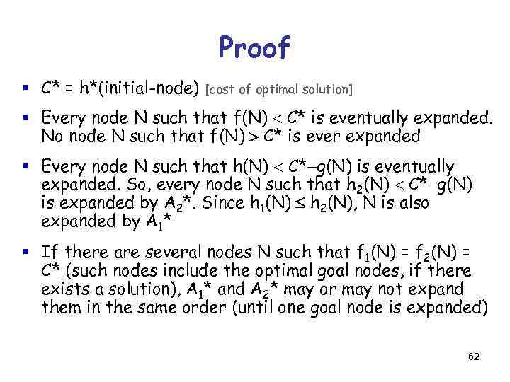 Proof § C* = h*(initial-node) [cost of optimal solution] § Every node N such