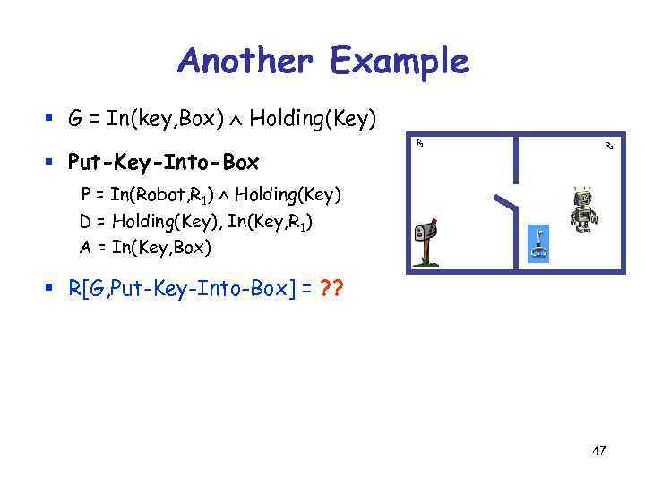 Another Example § G = In(key, Box) Holding(Key) § Put-Key-Into-Box R 1 R 2