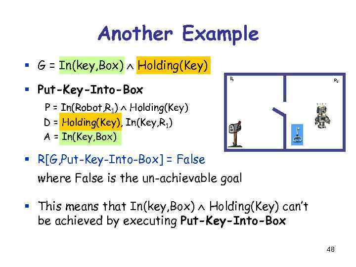 Another Example § G = In(key, Box) Holding(Key) § Put-Key-Into-Box R 1 R 2
