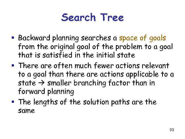 Search Tree § Backward planning searches a space of goals from the original goal