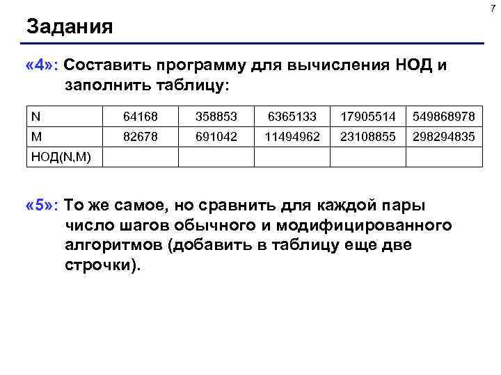 7 Задания « 4» : Составить программу для вычисления НОД и заполнить таблицу: N