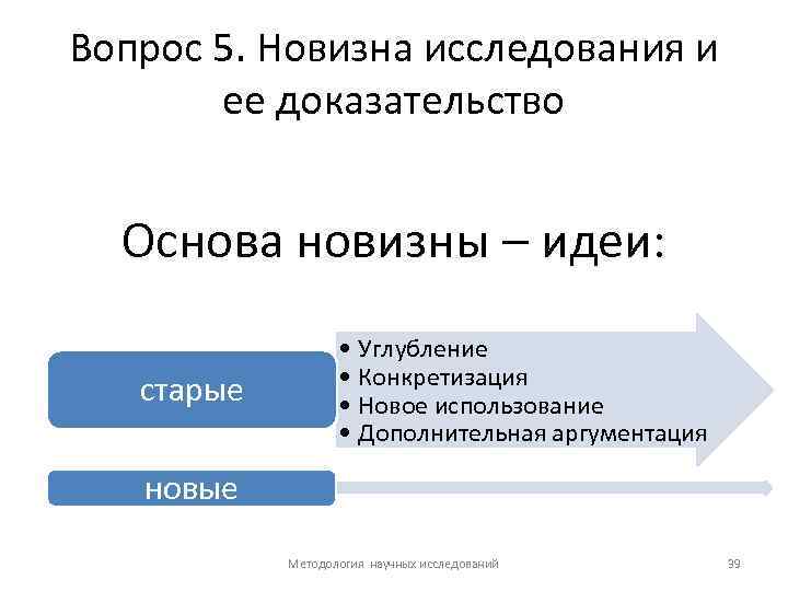 Вопрос 5. Новизна исследования и ее доказательство Основа новизны – идеи: старые • Углубление