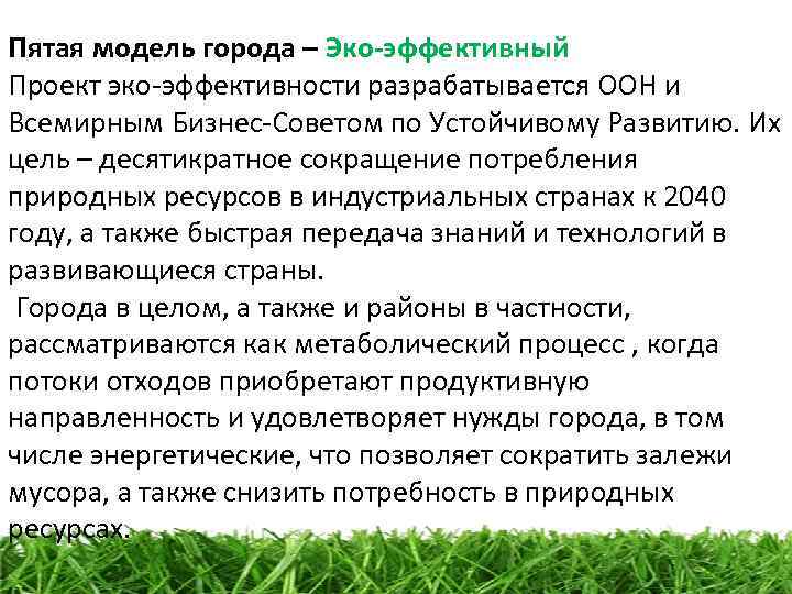 Пятая модель города – Эко-эффективный Проект эко-эффективности разрабатывается ООН и Всемирным Бизнес-Советом по Устойчивому