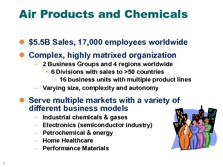 Air Products and Chemicals l $5. 5 B Sales, 17, 000 employees worldwide l
