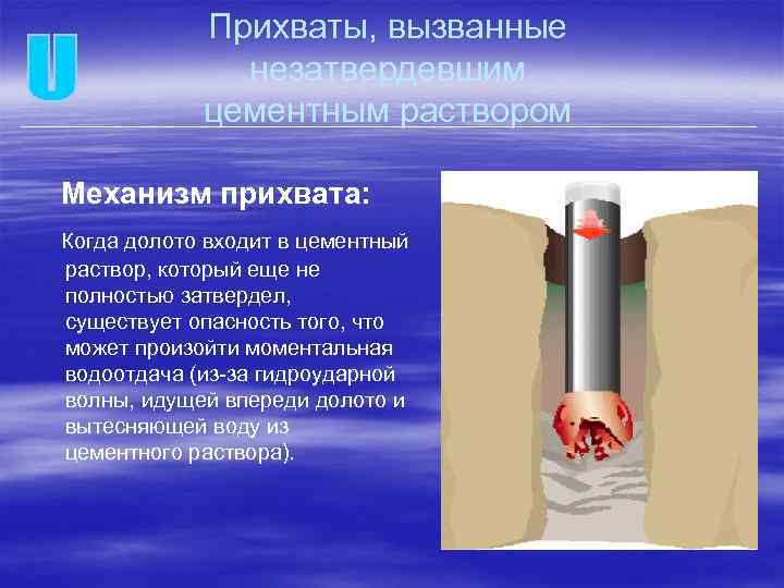 Прихваты, вызванные незатвердевшим цементным раствором Механизм прихвата: Когда долото входит в цементный раствор, который