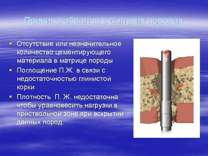 Причина обвалов в сыпучих породах § Отсутствие или незначительное количество цементирующего материала в матрице