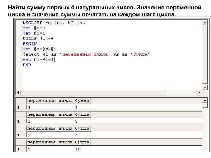 Найти сумму первых 4 натуральных чисел. Значение переменной цикла и значение суммы печатать на