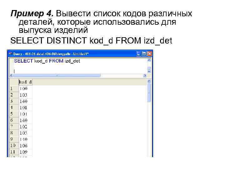 Пример 4. Вывести список кодов различных деталей, которые использовались для выпуска изделий SELECT DISTINCT