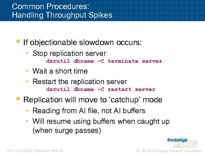 Common Procedures: Handling Throughput Spikes § If objectionable slowdown occurs: • Stop replication server
