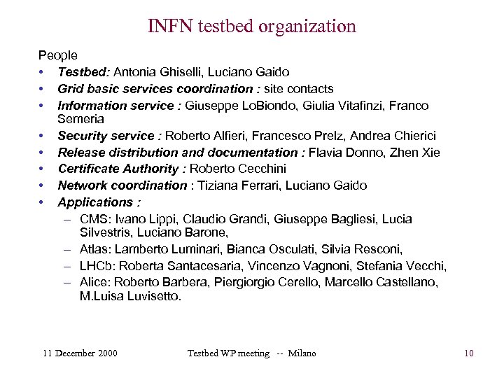 INFN testbed organization People • Testbed: Antonia Ghiselli, Luciano Gaido • Grid basic services