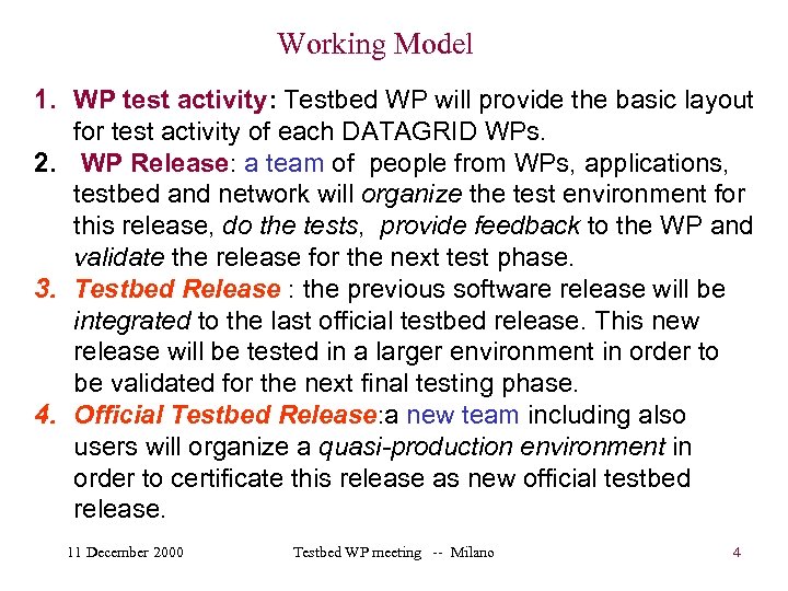 Working Model 1. WP test activity: Testbed WP will provide the basic layout for