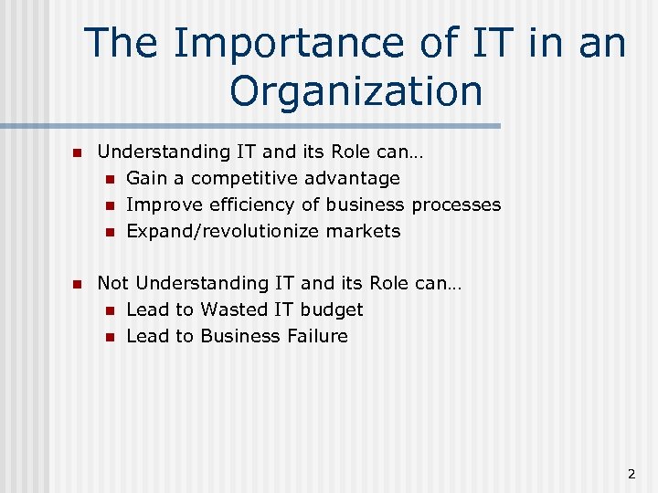 The Importance of IT in an Organization n Understanding IT and its Role can…