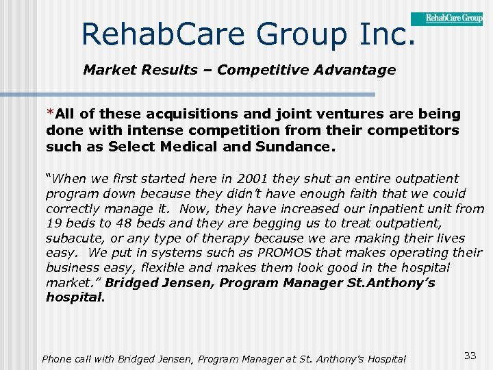 Rehab. Care Group Inc. Market Results – Competitive Advantage *All of these acquisitions and
