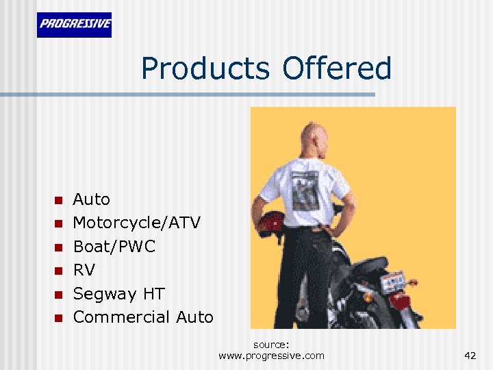 Products Offered n n n Auto Motorcycle/ATV Boat/PWC RV Segway HT Commercial Auto source:
