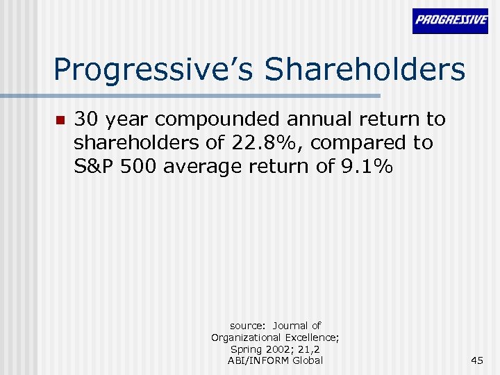 Progressive’s Shareholders n 30 year compounded annual return to shareholders of 22. 8%, compared