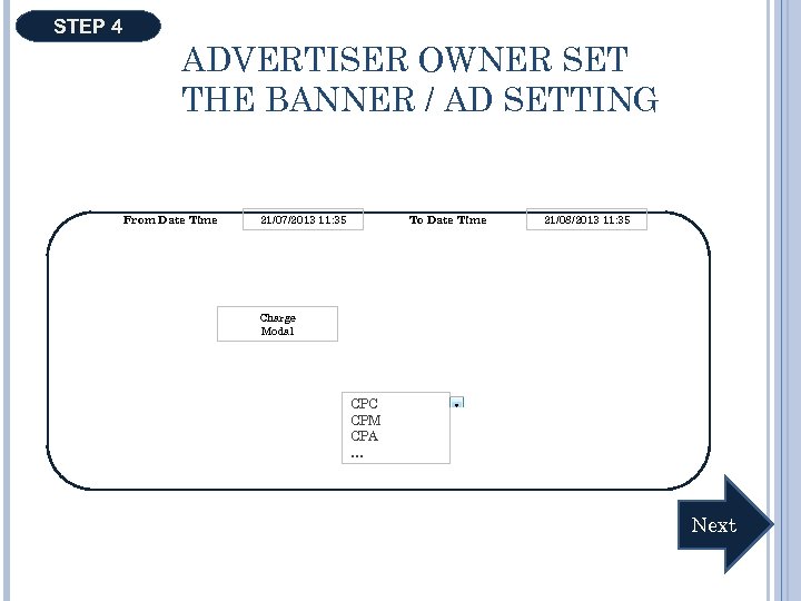 STEP 4 ADVERTISER OWNER SET THE BANNER / AD SETTING From Date Time 21/07/2013