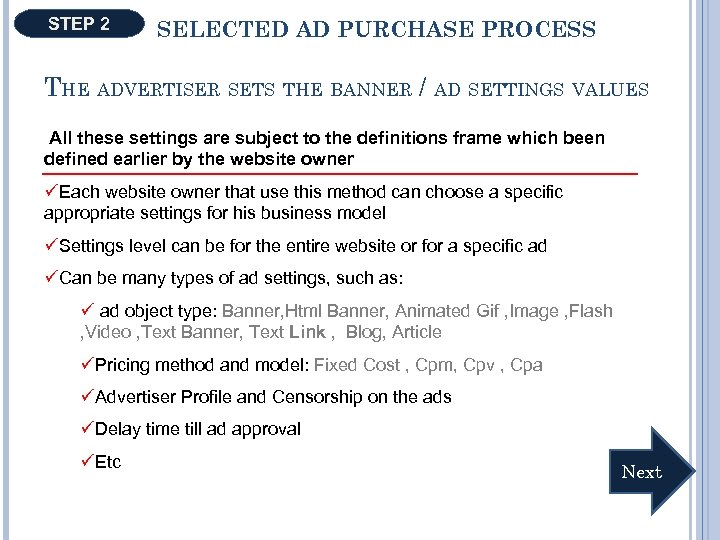 STEP 2 SELECTED AD PURCHASE PROCESS THE ADVERTISER SETS THE BANNER / AD SETTINGS