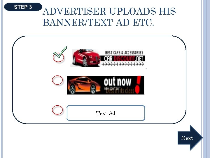 STEP 3 ADVERTISER UPLOADS HIS BANNER/TEXT AD ETC. Text Ad Next 