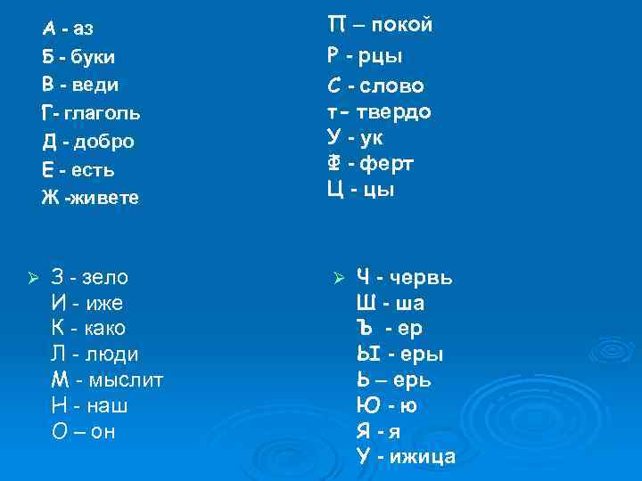 А - аз Б - буки В - веди Г- глаголь Д - добро