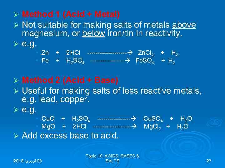 Method 1 (Acid + Metal) Not suitable for making salts of metals above magnesium,