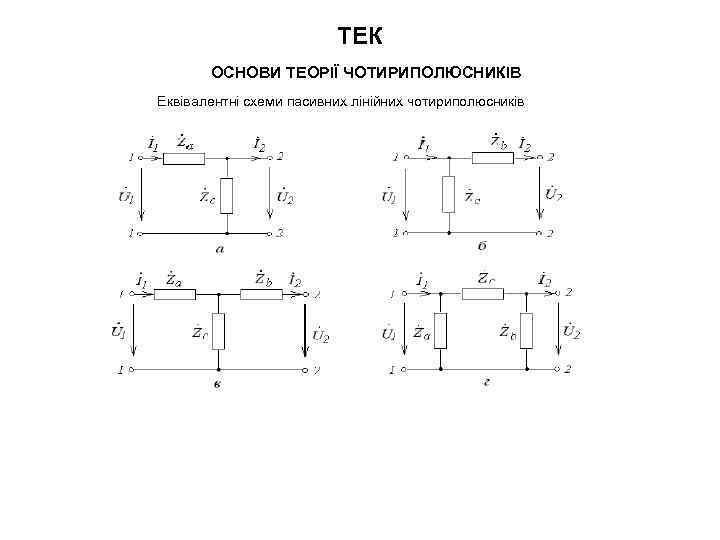ТЕК ОСНОВИ ТЕОРІЇ ЧОТИРИПОЛЮСНИКІВ Еквівалентні схеми пасивних лінійних чотириполюсників 