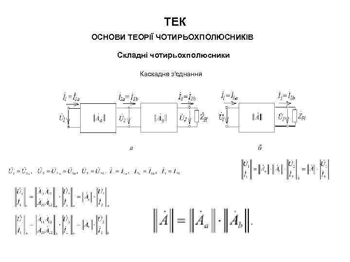 ТЕК ОСНОВИ ТЕОРІЇ ЧОТИРЬОХПОЛЮСНИКІВ Складні чотирьохполюсники Каскадне з'єднання 