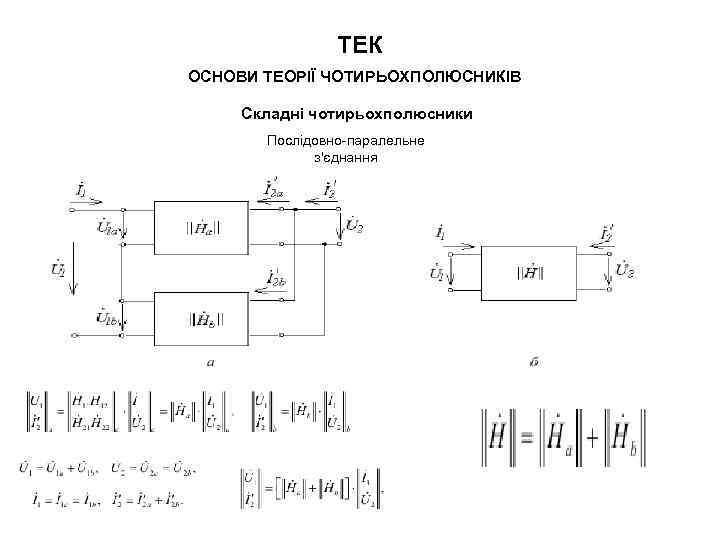 ТЕК ОСНОВИ ТЕОРІЇ ЧОТИРЬОХПОЛЮСНИКІВ Складні чотирьохполюсники Послідовно-паралельне з'єднання 