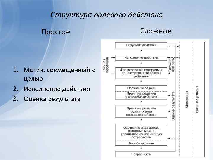 Структура волевого действия Простое 1. Мотив, совмещенный с целью 2. Исполнение действия 3. Оценка