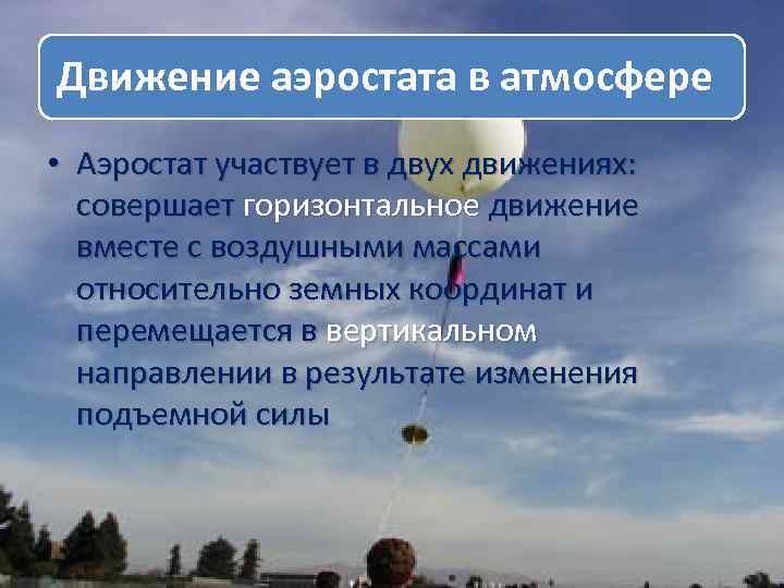 Движение аэростата в атмосфере • Аэростат участвует в двух движениях: совершает горизонтальное движение вместе