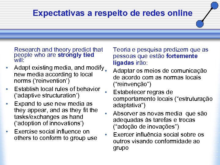 Expectativas a respeito de redes online • • Research and theory predict that people