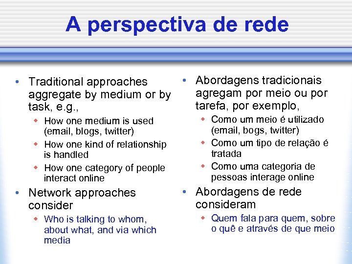 A perspectiva de rede • Abordagens tradicionais • Traditional approaches agregam por meio ou