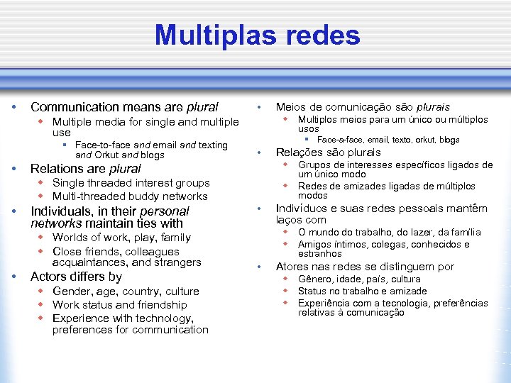 Multiplas redes • Communication means are plural • w Multiplos meios para um único