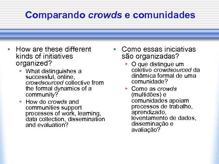 Comparando crowds e comunidades • How are these different kinds of initiatives organized? w