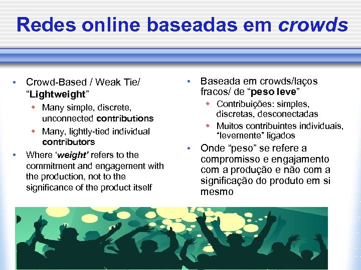 Redes online baseadas em crowds • Crowd-Based / Weak Tie/ “Lightweight” • w Many