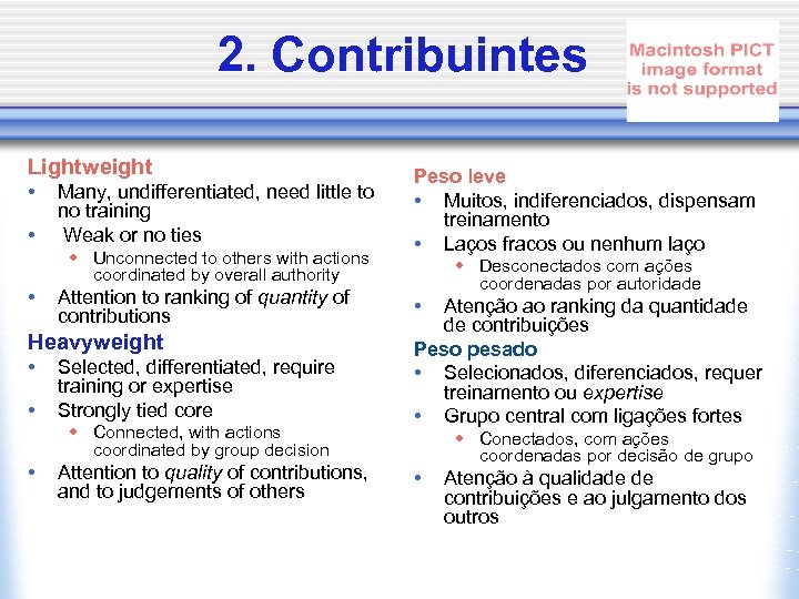 2. Contribuintes Lightweight • • Many, undifferentiated, need little to no training Weak or