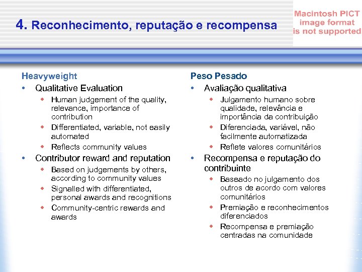 4. Reconhecimento, reputação e recompensa Heavyweight • Qualitative Evaluation Peso Pesado • Avaliação qualitativa