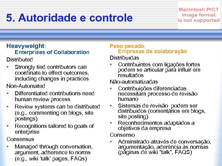 5. Autoridade e controle Heavyweight: Enterprises of Collaboration Distributed • Strongly tied contributors can