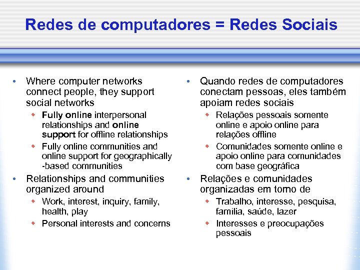 Redes de computadores = Redes Sociais • Where computer networks connect people, they support