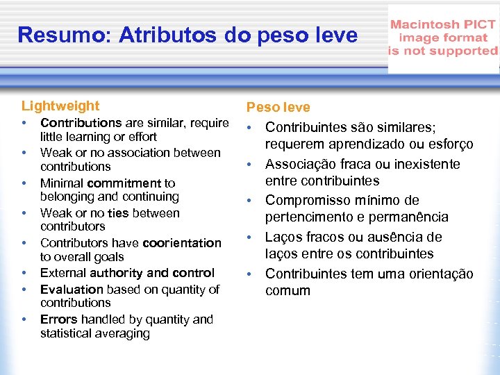 Resumo: Atributos do peso leve Lightweight • • Contributions are similar, require little learning