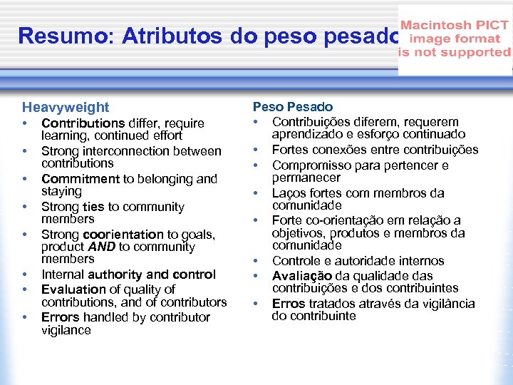 Resumo: Atributos do pesado Heavyweight • • Contributions differ, require learning, continued effort Strong