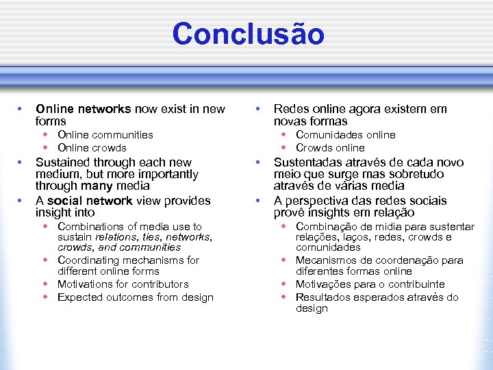 Conclusão • Online networks now exist in new forms • w Online communities w