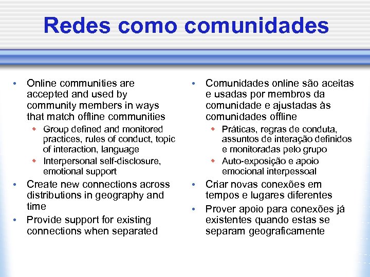 Redes como comunidades • Online communities are accepted and used by community members in