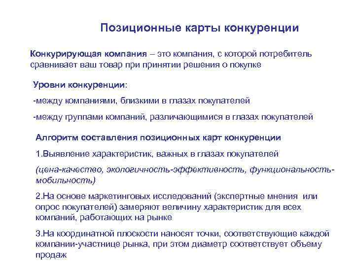 Позиционные карты конкуренции Конкурирующая компания – это компания, с которой потребитель сравнивает ваш товар