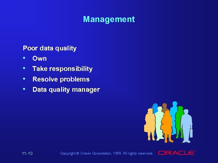 Management Poor data quality • • Own Take responsibility Resolve problems Data quality manager