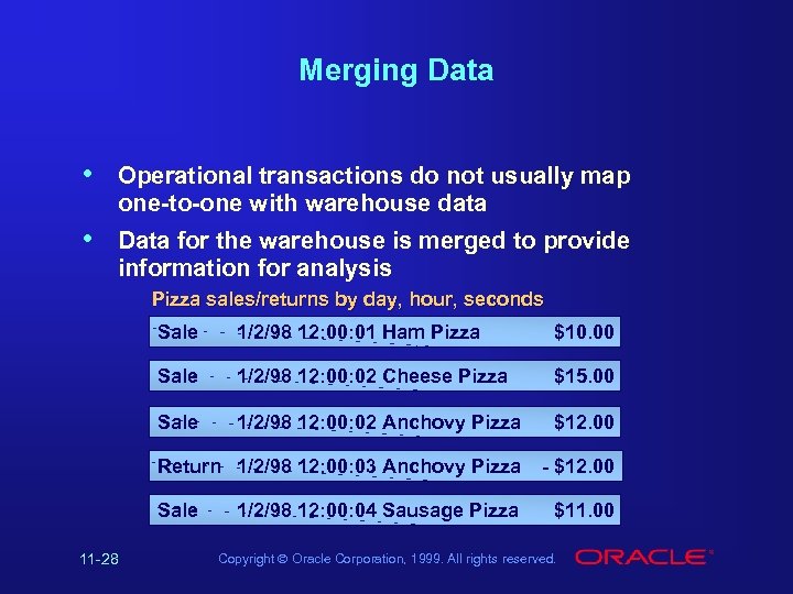 Merging Data • Operational transactions do not usually map one-to-one with warehouse data •