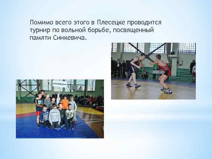 Помимо всего этого в Плесецке проводится турнир по вольной борьбе, посвященный памяти Синкевича. 