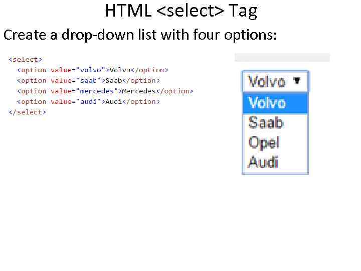 HTML <select> Tag Create a drop-down list with four options: HTML <select> Tag Create a drop-down list with four options: