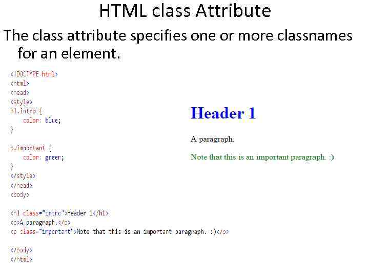 HTML class Attribute The class attribute specifies one or more classnames for an element. HTML class Attribute The class attribute specifies one or more classnames for an element.
