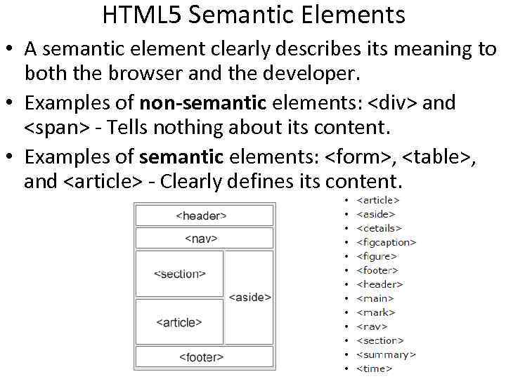 HTML 5 Semantic Elements • A semantic element clearly describes its meaning to both HTML 5 Semantic Elements • A semantic element clearly describes its meaning to both