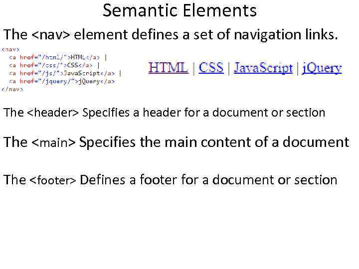Semantic Elements The <nav> element defines a set of navigation links. The <header> Specifies Semantic Elements The <nav> element defines a set of navigation links. The <header> Specifies